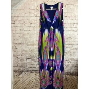 Chico's Maxi Dress Womens Large Colorful Twist Front Boho Hippie Stretchy Artsy